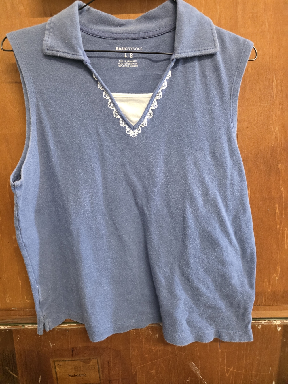 Basic Editions Light Blue Sleeveless Polo Tank with Lace Trim